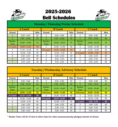 2025 - 2026 Bell Schedule
